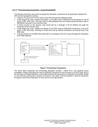 Copyright (C) 1998 Oracle Corporation All Rights Reserved
Oracle Configuration for IN Applications
Oracle - Confidential
16
3.2.11 Provisioning transaction using Oracle8/AQ
The following mechanism was used to prototype the replicating transactions for IN applications between the
SCP and the management systems.
• Create an IN queue and an OUT queue on the OPS (IN real time database) nodes.
• Create triggers for insert, updates and deletes on the SMS node to ENQUEUE the transactions to the IN
queue on the OPS node. This was done by using database links and making remote procedure calls to
ENQUEUE transaction to the real-time node.
• A demon process on the real-time node would wait for a message in the IN QUEUE and apply the
transaction to the real-time node.
• Create triggers for insert, updates and deletes on the OPS nodes to ENQUEUE transactions to the OUT
queue on the OPS node. Add logic to ensure that only the network transactions are queued back to the
SMS node.
• A demon process on the SMS node would wait for a message in the OUT queue and apply the transaction
to the SMS database.
O PS cluster
Client
SM S node
C om ponents:
•tables
•dblink
•synonym s
•trigger
Com ponents:
•tables
•queues
•enque proc
•dequeue proc
•synchronize proc
(update/insert/delete)
ops1 ops2
Client enters transactions
into the SM S datbase.
Transaction executes trigger
w hich calls the rem ote enque
proc via a synonym and dblink.
Figure 7: Provisioning Transactions
The above figure represents the provisioning transaction process. Oracle 8.0.4, now supports queue
propagation, thereby eliminating the need to ENQUEUE transaction to the IN queue on the OPS node. Due to
the overhead of Oracle8 Replication, it was determined that the transactions be replicated using O8/AQ. Based
on the preliminary performance numbers of Oracle 8.1 (pre beta), it will be possible to meet the transaction
throughput using Oracle Replication for entry level and mid rage systems.
 