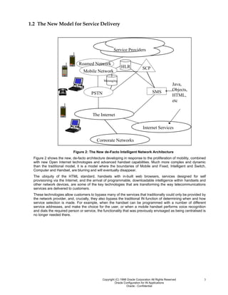 Copyright (C) 1998 Oracle Corporation All Rights Reserved
Oracle Configuration for IN Applications
Oracle - Confidential
3
1.2 The New Model for Service Delivery
Switching
PSTN
Internet Services
Corporate Networks
The Internet
SCP
SMS
Roamed Network
Mobile Network
HLR
Java,
Objects,
HTML,
etc
Messaging
Service Providers
Figure 2: The New de-Facto Intelligent Network Architecture
Figure 2 shows the new, de-facto architecture developing in response to the proliferation of mobility, combined
with new Open Internet technologies and advanced handset capabilities. Much more complex and dynamic
than the traditional model, it is a model where the boundaries of Mobile and Fixed, Intelligent and Switch,
Computer and Handset, are blurring and will eventually disappear.
The ubiquity of the HTML standard, handsets with in-built web browsers, services designed for self
provisioning via the Internet, and the arrival of programmable, downloadable intelligence within handsets and
other network devices, are some of the key technologies that are transforming the way telecommunications
services are delivered to customers.
These technologies allow customers to bypass many of the services that traditionally could only be provided by
the network provider, and, crucially, they also bypass the traditional IN function of determining when and how
service selection is made. For example, when the handset can be programmed with a number of different
service addresses, and make the choice for the user, or when a mobile handset performs voice recognition
and dials the required person or service, the functionality that was previously envisaged as being centralised is
no longer needed there.
 