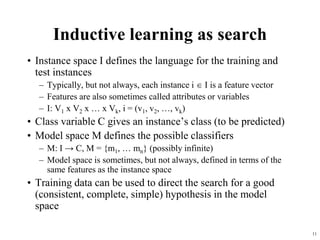 11
Inductive learning as search
• Instance space I defines the language for the training and
test instances
– Typically, but not always, each instance i  I is a feature vector
– Features are also sometimes called attributes or variables
– I: V1 x V2 x … x Vk, i = (v1, v2, …, vk)
• Class variable C gives an instance’s class (to be predicted)
• Model space M defines the possible classifiers
– M: I → C, M = {m1, … mn} (possibly infinite)
– Model space is sometimes, but not always, defined in terms of the
same features as the instance space
• Training data can be used to direct the search for a good
(consistent, complete, simple) hypothesis in the model
space
 