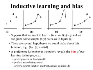 Inductive learning and bias
• Suppose that we want to learn a function f(x) = y and we
are given some sample (x,y) pairs, as in figure (a)
• There are several hypotheses we could make about this
function, e.g.: (b), (c) and (d)
• A preference for one over the others reveals the bias of our
learning technique, e.g.:
– prefer piece-wise functions (b)
– prefer a smooth function (c)
– prefer a simple function and treat outliers as noise (d)
 