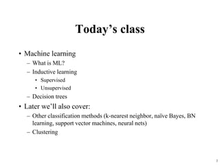 2
Today’s class
• Machine learning
– What is ML?
– Inductive learning
• Supervised
• Unsupervised
– Decision trees
• Later we’ll also cover:
– Other classification methods (k-nearest neighbor, naïve Bayes, BN
learning, support vector machines, neural nets)
– Clustering
 