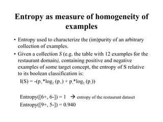 Entropy as measure of homogeneity of
examples
• Entropy used to characterize the (im)purity of an arbitrary
collection of examples.
• Given a collection S (e.g. the table with 12 examples for the
restaurant domain), containing positive and negative
examples of some target concept, the entropy of S relative
to its boolean classification is:
I(S) = -(p+*log2 (p+) + p-*log2 (p-))
Entropy([6+, 6-]) = 1  entropy of the restaurant dataset
Entropy([9+, 5-]) = 0.940
 