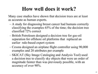 42
How well does it work?
Many case studies have shown that decision trees are at least
as accurate as human experts.
– A study for diagnosing breast cancer had humans correctly
classifying the examples 65% of the time; the decision tree
classified 72% correct
– British Petroleum designed a decision tree for gas-oil
separation for offshore oil platforms that replaced an
earlier rule-based expert system
– Cessna designed an airplane flight controller using 90,000
examples and 20 attributes per example
– SKICAT (Sky Image Cataloging and Analysis Tool) used
a decision tree to classify sky objects that were an order of
magnitude fainter than was previously possible, with an
accuracy of over 90%.
 