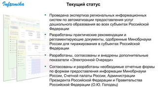 Текущий статус
• Проведена экспертиза региональных информационных
систем по автоматизации предоставления услуг
дошкольного образования во всех субъектах Российской
Федерации
• Разработаны практические рекомендации и
регламентирующие документы, одобренные Минобрнауки
России для тиражирования в субъектах Российской
Федерации
• Разработаны, согласованы и внедрены дополнительные
показатели «Электронной Очереди»
• Согласованы и разработаны необходимые отчетные формы
по формам предоставления информации Минобрнауки
России, Счетной палаты России, Администрации
Президента Российской Федерации и Правительства
Российской Федерации (О.Ю. Голодец)
 
