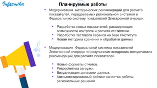 • Модернизация методических рекомендаций для расчета
показателей, передаваемых региональной системой в
Федеральную систему показателей Электронной очереди.
• Разработка новых показателей, расширяющих
возможности контроля и расчета статистики.
• Разработка тестового сервиса на базе Института
• Новая методика хранения и обработки данных
• Модернизация Федеральной системы показателей
Электронной очереди по результатам внедрения методических
рекомендаций для расчета показателей.
• Новые форматы отчетов.
• Ретроспетива загрузки.
• Визуализация динамики данных.
• Автоматизированный рейтинг качества работы
региональных решений
Планируемые работы
 