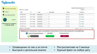 • Оповещение по смс и эл.почте
• Быстрый и детальный анализ
• Рестроспектива на 3 месяца
• Единый файл на любую дату
 