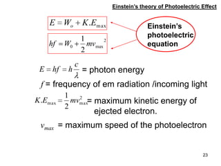23
= photon energy
2
maxmax
2
1
. mvEK
Einstein’s theory of Photoelectric Effect
= maximum kinetic energy of
ejected electron.
f = frequency of em radiation /incoming light
vmax = maximum speed of the photoelectron
Einstein’s
photoelectric
equation
c
hhfE
2
max0
2
1
mvWhf
max.EKWE o
 