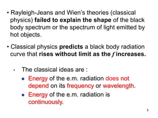 5
• Rayleigh-Jeans and Wien’s theories (classical
physics) failed to explain the shape of the black
body spectrum or the spectrum of light emitted by
hot objects.
• Classical physics predicts a black body radiation
curve that rises without limit as the f increases.
• The classical ideas are :
 Energy of the e.m. radiation does not
depend on its frequency or wavelength.
 Energy of the e.m. radiation is
continuously.
 