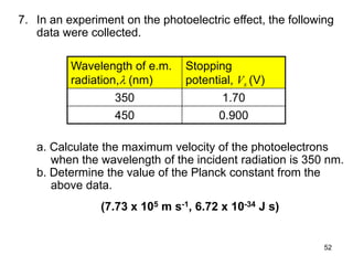52
7. In an experiment on the photoelectric effect, the following
data were collected.
a. Calculate the maximum velocity of the photoelectrons
when the wavelength of the incident radiation is 350 nm.
b. Determine the value of the Planck constant from the
above data.
Wavelength of e.m.
radiation, (nm)
Stopping
potential, Vs (V)
350 1.70
450 0.900
(7.73 x 105 m s-1, 6.72 x 10-34 J s)
 