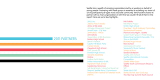 206 Zulu
206inc/Free Yr Radio
ACLU of WA state
All-Ages Movement Project
AmeriCorps - City Year
Art4Justice - YMCA
Art Institute
Association of WA Business
Ballard High School
Bend-It Festival
Capitol Hill Block Party
Center School
Cleveland High School
EMP Sound Off
Franklin High School
General Assembly
Hidmo
Hollow Earth Radio
Indian Association of WA
Ingraham High School
Leadership Tomorrow
Left Bank Books / Anarchist Book Fair
Mayor’s Seattle Music Commission
National Film Festival for Talented Youth
(NFFTY)
NW Folklife
NW Men’s Project
NOVA High School
One Reel - Youth Advisory Committee,
Bumbershoot Festival
Pecha Kucha Night - Seattle
Queer Youth Space / Three Wings
Reteaching Gender & Sexuality / Put
This on the {MAP}
Richard Hugo House
Rock School
Sanctuary Art Center
Sasquatch! Music Festival
School of Rock
SeaSk8 Skatepark
Seattle Girls’ School
Seattle International Comedy
Competition
Seattle Tattoo Expo
Seattle Youth Commission (Mayor’s
Office)
SIFF
Skate Like A Girl
Starbucks Hot Java Cool Jazz
The Hip-Hop Summit Youth Council
2011 PARTNERS
Seattle has a wealth of amazing organizations led by or working on behalf of
young people. Partnering with these groups is essential to achieving our vision of
a truly participatory all-ages music and arts community. Vera had the chance to
partner with so many organizations in 2011 that we couldn’t fit all of them in this
report! Here are just a few highlights...
 