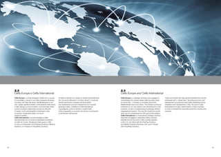 2.3
Cefla Europe and Cefla International
Cefla Europe is a Strategic Business Area engaged in
consolidating the markets where Cefla has been active
for some time – in Europe, in countries around the
Mediterranean basin and others. This involves continuous
investment in not only research and development of new
products, but also in implementing increasingly efficient
organisational systems. This way the usually low growth
rates can be compensated for with good profit margins.
Cefla International is a transnational Strategic Business
Area that is engaged in expanding Cefla’s business
activities around the world. Cefla currently operates
in the U.S. and China with the Finishing Solutions
and Medical Solutions Business Units, and in Russia
with Shopfitting Solutions.
These are markets with high growth potential that must be
addressed with a “global view”, favouring autonomy and
development of production sites while maintaining strong
integration with headquarters in Italy. The goal of Cefla
International is to gain market shares in these countries,
in order to increase the corporate production volumes and
revenues.
2.3
Cefla Europe e Cefla International
Cefla Europe è un’area strategica d’affari che si occupa
di consolidare i mercati in cui Cefla è presente da tempo,
in Europa, nei Paesi del bacino del Mediterraneo e non
solo: questo significa investire continuamente nella ricerca
e nello sviluppo di nuovi prodotti, ma anche nella messa
a punto di sistemi organizzativi sempre più efficienti.
In questo modo sarà possibile compensare i tassi
di crescita, mediamente bassi, con buoni
margini di profitto.
Cefla International è un’area strategica d’affari
transnazionale che si occupa di estendere la presenza
di Cefla nel mondo. Attualmente Cefla opera in USA
e Cina con le Business Unit Finishing Solutions e Medical
Solutions, e in Russia con Shopfitting Solutions.
Si tratta di mercati con margini di crescita potenzialmente
alti, che vanno affrontati in un’ottica “glocal” in modo da
favorire autonomia e sviluppo dei siti produttivi
pur mantenendo una forte integrazione con il quartier
generale in Italia. L’obiettivo di Cefla International
è guadagnare quote di mercato in questi Paesi,
al fine di garantire un aumento del volume di produzione
e del fatturato dell’azienda.
28 29
 