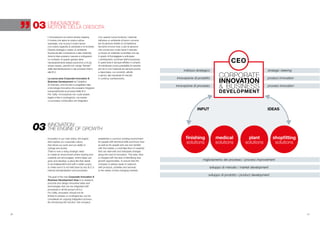 strategic steering
product innovation
process innovation
indirizzo strategico
innovazione di prodotto
innovazione di processo
miglioramento del processo / process improvement
sviluppo di mercato / market development
sviluppo di prodotto / product development
CORPORATE
INNOVATION
& BUSINESS
DEVELOPMENT
CEO
ﬁnishing
solutions
medical
solutions
plant
solutions
shopﬁtting
solutions
INPUT IDEAS
INNOVATION:
THE ENGINE OF GROWTH03
Innovation is our main artery, the engine
that inspires our corporate culture,
that drives our work and our ability to
change and evolve.
There is now a rising strategic need
to create an environment where sharing and
creativity are encouraged, where ideas can
grow and develop: a place like that needs
to be independent and with a wider scope,
to make sure it is not held back by any B.U.’s
internal standardisation and processes.
The goal of the new Corporate Innovation &
Business Development Area is to research,
promote and design innovative ideas and
technologies that can be integrated with
processes in all the group’s B.U.s.
For Cefla, innovation should not be
limited to phases or contingencies, but be
considered an ongoing integration process.
By introducing this function, the company
establishes a common working environment
for people with technical skills and know-how
as well as for people who are very familiar
with the market: a controlled flow of creativity
that can deal with and anticipate changes
along the road of innovation. This area, then,
is charged with the task of identifying new
growth opportunities, to ensure that the
company is always ready to respond,
with products, activities and services,
to the needs of ever-changing markets.
30 31
L’INNOVAZIONE:
MOTORE DELLA CRESCITA03
L’innovazione è la nostra strada maestra,
il motore che ispira la nostra cultura
aziendale, che muove il nostro lavoro
e la nostra capacità di cambiare e di evolvere.
Diventa strategico creare un ambiente
favorevole alla condivisione e alla creatività,
dove le idee possano nascere e svilupparsi:
un contesto di questo genere deve
necessariamente essere autonomo e di più
ampio respiro, perché non venga “frenato”
dalle standardizzazioni e dai processi interni
alle B.U.
La nuova area Corporate Innovation &
Business Development ha l’obiettivo
di ricercare, promuovere e progettare idee
e tecnologie innovative che possano integrarsi
trasversalmente ai processi delle B.U.
Per Cefla, l’innovazione non vuole essere
legata a fasi e contingenze, ma essere
un processo continuativo ed integrativo.
Con questa nuova funzione, l’azienda
istituisce un ambiente di lavoro comune
per le persone dotate di competenze
tecniche e know-how, e per le persone
che conoscono molto bene il mercato:
un flusso di creatività controllata che sia
in grado di fronteggiare e anticipare
i cambiamenti, sui binari dell’innovazione.
A quest’area è dunque affidato il compito
di individuare nuove possibilità di crescita,
per far sì che l’azienda sia sempre pronta
a rispondere, con prodotti, attività
e servizi, alle necessità di mercati
in continuo cambiamento.
 