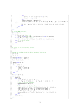 82 e l s e
83 term1= 16 ∗(2−4∗ rˆ2+r ˆ4) ∗ exp(−r ˆ2) ;
84 term2= 4∗ exp(−r ˆ2) ;
85 end
86 term3= −5/( delta ˆ2) ∗( dPhi ( r ) ) ;
87 term4= r ˆ2∗ delta ˆ2+4∗(X( j , 1 )−X( i , 1 ) ) ∗(X( j , 2 )−X( i , 2 ) ) + 3∗(X( j , 2 )−X( i , 2 )
) ˆ2;
88 A( i , j )= ( e p s i l o n ˆ2/ delta ˆ4) ∗term1 −term4 /( delta ˆ4) ∗term2 + term3 ;
89 end
90 end
91 end
92 end
93
94 % create RHS vector b
95 b=zeros (N, 1 ) ;
96 f o r i =1:N
97 i f (X( i , 1 ) ==0) % f o r x=0
98 b( i )= (1−exp(−2∗(1−X( i , 2 ) ) / e p s i l o n ) ) /(1−exp(−2/ e p s i l o n ) ) ;
99 e l s e i f (X( i , 2 ) ==0) % f o r y=0
100 b( i )= (1−exp(−(1−X( i , 1 ) ) / e p s i l o n ) ) /(1−exp(−1/ e p s i l o n ) ) ;
101 e l s e % a l l other nodes
102 b( i )= 0;
103 end
104 end
105
106
107 % Solve to get c o e f f i c i e n t vector
108 c=Ab ;
109
110
111 %% Add up c o e f f i c i e n t s to obtain s o l u t i o n vector Us
112 N1sol =30;
113 N2sol =30;
114
115 xsol=l i n s p a c e (0 ,1 , N1sol ) ;
116 ysol=l i n s p a c e (0 ,1 , N2sol ) ;
117 Nsol=N1sol ∗ N2sol ;
118
119 Xsol=zeros (N, 2 ) ;
120 k=1;
121 f o r i =1: N2sol
122 f o r j =1: N1sol
123 Xsol (k , 1 )=xsol ( j ) ;
124 Xsol (k , 2 )=ysol ( i ) ;
125 k=k+1;
126 end
127 end
128
129 Us=zeros ( Nsol , 1 ) ;
130 f o r i =1: Nsol
131 dummy=0;
132 f o r j =1:N
133 r=norm( Xsol ( i , : )−X( j , : ) ) / delta ;
134 i f ( X( j , 1 )==1 | | X( j , 2 )==1 | | X( j , 1 )==0 | | X( j , 2 ) ==0)
135 % f o r x j on the boundary
136 dummy=dummy+c ( j ) ∗Phi ( r ) ;
137 e l s e
138 % f o r x j not on the boundary
139 LaplacianPhi =1/( delta ˆ2 ) ∗dPhi ( r ) +1/( delta ˆ2) ∗ ddPhi ( r ) ;
140 dphi dx2= (X( j , 1 )−Xsol ( i , 1 ) ) /( delta ˆ2) ∗ dPhi ( r ) ;
141 dphi dy2= (X( j , 2 )−Xsol ( i , 2 ) ) /( delta ˆ2) ∗ dPhi ( r ) ;
142 GradPhi=[dphi dx2 , dphi dy2 ] ;
143 dummy=dummy+c ( j ) ∗ (− e p s i l o n ∗ LaplacianPhi + [ 1 , 2 ] ∗ GradPhi ’ ) ;
144 end
145 end
146 Us( i )=dummy;
147 end
148
91
 