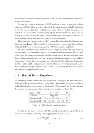 the methods become increasingly complex as we take into consideration problems in
higher dimensions.
Perhaps the greatest advantage of RBF methods is that, in contrast to ﬁnite
elements and ﬁnite diﬀerences, they oﬀer mesh free approximation. Highly important
is also the ease in which these methods can be generalized to higher dimensions. We
only have to consider the Euclidean norm of the distance between a point and the
center of the RBF in order to ﬁnd its value and therefore, the majority of times, the
same function can be used to solve problems in any dimension.
These two main characteristics of RBFs captured the attention of mathematicians.
Since the time Hardy’s MQ method was ﬁrst introduced , several algorithms utilizing
diﬀerent RBFs have been developed, each with its own merits and faults.
An ideal algorithm would combine ease of implementation with high accuracy
and eﬃciency. The aim of this thesis is the implementation and comparison, in terms
of accuracy and conditioning of the resulting linear system, of three diﬀerent radial
basis function algorithms for solving convection-diﬀusion equations in one and two
dimensions. The methods we consider are collocation [8],[9], a Galerkin formulation
method [1],[3],[11],[21] and generalized interpolation [4]. We will implement each of
these methods using two diﬀerent types of RBFs, an inﬁnitely diﬀerentiable one and
two compactly supported functions.
1.2 Radial Basis Functions
As mentioned in the previous section, throughout this project we will make use of
diﬀerent RBFs when implementing our methods. We consider the inﬁnitely diﬀeren-
tiable Gaussian function and two of Wendland’s [19] compactly supported functions
for one and two dimensions. These functions are available in Table 1.1.
Type of RBF φ(r) r ≥ 0 Ck
Gaussian exp(−r2
) C∞
Wendland (1D) (1 − r)5
+(8r2
+ 5r + 1) C4
Wendland (2D) (1 − r)6
+(35r2
+ 18r + 3) C4
Table 1.1: Table of radial basis functions.
We take as the input r for our RBF the Euclidean distance of a point from the
centre of the function, scaled by a scaling parameter δ ∈ R, that is,
r =
x − xj
δ
, j = 1, .., n. (1.3)
3
 