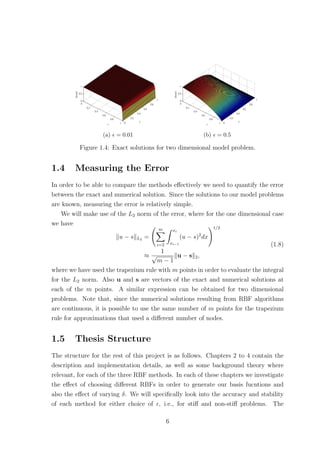 (a) = 0.01 (b) = 0.5
Figure 1.4: Exact solutions for two dimensional model problem.
1.4 Measuring the Error
In order to be able to compare the methods eﬀectively we need to quantify the error
between the exact and numerical solution. Since the solutions to our model problems
are known, measuring the error is relatively simple.
We will make use of the L2 norm of the error, where for the one dimensional case
we have
u − s L2 =
m
i=2
xi
xi−1
(u − s)2
dx
1/2
≈
1
√
m − 1
u − s 2,
(1.8)
where we have used the trapezium rule with m points in order to evaluate the integral
for the L2 norm. Also u and s are vectors of the exact and numerical solutions at
each of the m points. A similar expression can be obtained for two dimensional
problems. Note that, since the numerical solutions resulting from RBF algorithms
are continuous, it is possible to use the same number of m points for the trapezium
rule for approximations that used a diﬀerent number of nodes.
1.5 Thesis Structure
The structure for the rest of this project is as follows. Chapters 2 to 4 contain the
description and implementation details, as well as some background theory where
relevant, for each of the three RBF methods. In each of these chapters we investigate
the eﬀect of choosing diﬀerent RBFs in order to generate our basis fucntions and
also the eﬀect of varying δ. We will speciﬁcally look into the accuracy and stability
of each method for either choice of , i.e., for stiﬀ and non-stiﬀ problems. The
6
 