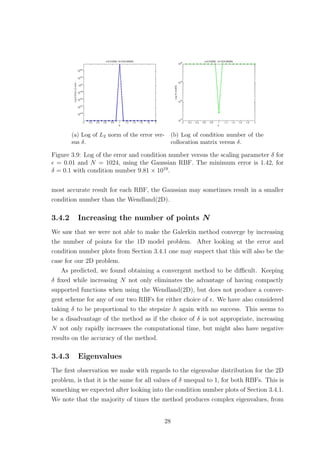 (a) Log of L2 norm of the error ver-
sus δ.
(b) Log of condition number of the
collocation matrix versus δ.
Figure 3.9: Log of the error and condition number versus the scaling parameter δ for
= 0.01 and N = 1024, using the Gaussian RBF. The minimum error is 1.42, for
δ = 0.1 with condition number 9.81 × 1019
.
most accurate result for each RBF, the Gaussian may sometimes result in a smaller
condition number than the Wendland(2D).
3.4.2 Increasing the number of points N
We saw that we were not able to make the Galerkin method converge by increasing
the number of points for the 1D model problem. After looking at the error and
condition number plots from Section 3.4.1 one may suspect that this will also be the
case for our 2D problem.
As predicted, we found obtaining a convergent method to be diﬃcult. Keeping
δ ﬁxed while increasing N not only eliminates the advantage of having compactly
supported functions when using the Wendland(2D), but does not produce a conver-
gent scheme for any of our two RBFs for either choice of . We have also considered
taking δ to be proportional to the stepsize h again with no success. This seems to
be a disadvantage of the method as if the choice of δ is not appropriate, increasing
N not only rapidly increases the computational time, but might also have negative
results on the accuracy of the method.
3.4.3 Eigenvalues
The ﬁrst observation we make with regards to the eigenvalue distribution for the 2D
problem, is that it is the same for all values of δ unequal to 1, for both RBFs. This is
something we expected after looking into the condition number plots of Section 3.4.1.
We note that the majority of times the method produces complex eigenvalues, from
28
 