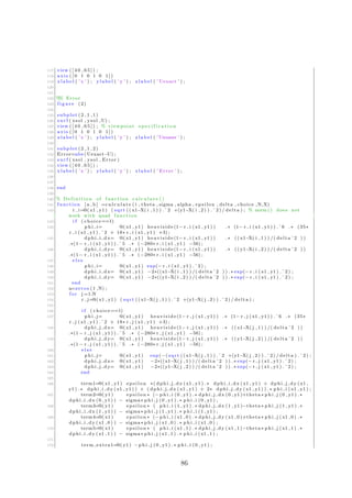 117 view ( [ 4 0 , 6 5 ] ) ;
118 axis ( [ 0 1 0 1 0 1 ] )
119 x l a b e l ( ’ x ’ ) ; y l a b e l ( ’ y ’ ) ; z l a b e l ( ’ Uexact ’ ) ;
120
121
122 %% Error
123 f i g u r e (2)
124
125 subplot (2 ,1 ,1)
126 s u r f ( xsol , ysol ,U) ;
127 view ( [ 4 0 , 6 5 ] ) ; % viewpoint s p e c i f i c a t i o n
128 axis ( [ 0 1 0 1 0 1 ] )
129 x l a b e l ( ’ x ’ ) ; y l a b e l ( ’ y ’ ) ; z l a b e l ( ’Unumer ’ ) ;
130
131 subplot (2 ,1 ,2)
132 Error=abs ( Uexact−U) ;
133 s u r f ( xsol , ysol , Error )
134 view ( [ 4 0 , 6 5 ] ) ;
135 x l a b e l ( ’ x ’ ) ; y l a b e l ( ’ y ’ ) ; z l a b e l ( ’ Error ’ ) ;
136
137
138 end
139
140 % D e f i n i t i o n of function c a l c u l a t e ()
141 function [ a , b ] =c a l c u l a t e ( i , theta , sigma , alpha , epsilon , delta , choice ,N,X)
142 r i=@( x1 , y1 ) ( sqrt (( x1−X( i , 1 ) ) .ˆ2 +(y1−X( i , 2 ) ) . ˆ 2 ) / delta ) ; % norm () does not
work with quad function
143 i f ( choice==1)
144 p h i i= @( x1 , y1 ) h e a v i s i d e (1− r i ( x1 , y1 ) ) .∗ (1− r i ( x1 , y1 ) ) .ˆ6 . ∗ (35∗
r i ( x1 , y1 ) .ˆ2 + 18∗ r i ( x1 , y1 ) +3) ;
145 dphi i dx= @( x1 , y1 ) h e a v i s i d e (1− r i ( x1 , y1 ) ) .∗ (( x1−X( i , 1 ) ) /( delta ˆ2 ) )
.∗(1 − r i ( x1 , y1 ) ) .ˆ5 . ∗ (−280∗ r i ( x1 , y1 ) −56) ;
146 dphi i dy= @( x1 , y1 ) h e a v i s i d e (1− r i ( x1 , y1 ) ) .∗ (( y1−X( i , 2 ) ) /( delta ˆ2 ) )
.∗(1 − r i ( x1 , y1 ) ) .ˆ5 . ∗ (−280∗ r i ( x1 , y1 ) −56) ;
147 e l s e
148 p h i i= @( x1 , y1 ) exp(− r i ( x1 , y1 ) . ˆ 2 ) ;
149 dphi i dx= @( x1 , y1 ) −2∗((x1−X( i , 1 ) ) /( delta ˆ2 ) ) .∗ exp(− r i ( x1 , y1 ) . ˆ 2 ) ;
150 dphi i dy= @( x1 , y1 ) −2∗((y1−X( i , 2 ) ) /( delta ˆ2 ) ) .∗ exp(− r i ( x1 , y1 ) . ˆ 2 ) ;
151 end
152 a=zeros (1 ,N) ;
153 f o r j =1:N
154 r j=@( x1 , y1 ) ( sqrt (( x1−X( j , 1 ) ) .ˆ2 +(y1−X( j , 2 ) ) . ˆ 2 ) / delta ) ;
155
156 i f ( choice==1)
157 p h i j= @( x1 , y1 ) h e a v i s i d e (1− r j ( x1 , y1 ) ) .∗ (1− r j ( x1 , y1 ) ) .ˆ6 .∗ (35∗
r j ( x1 , y1 ) .ˆ2 + 18∗ r j ( x1 , y1 ) +3) ;
158 dphi j dx= @( x1 , y1 ) h e a v i s i d e (1− r j ( x1 , y1 ) ) .∗ (( x1−X( j , 1 ) ) /( delta ˆ2 ) )
.∗(1 − r j ( x1 , y1 ) ) .ˆ5 .∗ (−280∗ r j ( x1 , y1 ) −56) ;
159 dphi j dy= @( x1 , y1 ) h e a v i s i d e (1− r j ( x1 , y1 ) ) .∗ (( y1−X( j , 2 ) ) /( delta ˆ2 ) )
.∗(1 − r j ( x1 , y1 ) ) .ˆ5 .∗ (−280∗ r j ( x1 , y1 ) −56) ;
160 e l s e
161 p h i j= @( x1 , y1 ) exp(−( sqrt (( x1−X( j , 1 ) ) .ˆ2 +(y1−X( j , 2 ) ) . ˆ 2 ) / delta ) . ˆ 2 ) ;
162 dphi j dx= @( x1 , y1 ) −2∗((x1−X( j , 1 ) ) /( delta ˆ2 ) ) . ∗ exp(− r j ( x1 , y1 ) . ˆ 2 ) ;
163 dphi j dy= @( x1 , y1 ) −2∗((y1−X( j , 2 ) ) /( delta ˆ2 ) ) . ∗ exp(− r j ( x1 , y1 ) . ˆ 2 ) ;
164 end
165
166 term1=@( x1 , y1 ) e p s i l o n ∗( dphi j dx ( x1 , y1 ) .∗ dphi i dx ( x1 , y1 ) + dphi j dy ( x1 ,
y1 ) .∗ dphi i dy ( x1 , y1 ) ) + ( dphi j dx ( x1 , y1 ) + 2∗ dphi j dy ( x1 , y1 ) ) .∗ p h i i ( x1 , y1 ) ;
167 term2=@( y1 ) e p s i l o n ∗ (− p h i i (0 , y1 ) .∗ dphi j dx (0 , y1 )+theta ∗ p h i j (0 , y1 ) .∗
dphi i dx (0 , y1 ) ) − sigma∗ p h i j (0 , y1 ) .∗ p h i i (0 , y1 ) ;
168 term3=@( y1 ) e p s i l o n ∗ ( p h i i (1 , y1 ) .∗ dphi j dx (1 , y1 )−theta ∗ p h i j (1 , y1 ) .∗
dphi i dx (1 , y1 ) ) − sigma∗ p h i j (1 , y1 ) .∗ p h i i (1 , y1 ) ;
169 term4=@( x1 ) e p s i l o n ∗ (− p h i i ( x1 , 0 ) .∗ dphi j dy ( x1 , 0 )+theta ∗ p h i j ( x1 , 0 ) .∗
dphi i dy ( x1 , 0 ) ) − sigma∗ p h i j ( x1 , 0 ) .∗ p h i i ( x1 , 0 ) ;
170 term5=@( x1 ) e p s i l o n ∗ ( p h i i ( x1 , 1 ) .∗ dphi j dy ( x1 , 1 )−theta ∗ p h i j ( x1 , 1 ) .∗
dphi i dy ( x1 , 1 ) ) − sigma∗ p h i j ( x1 , 1 ) .∗ p h i i ( x1 , 1 ) ;
171
172 term extra1=@( y1 ) −p h i j (0 , y1 ) .∗ p h i i (0 , y1 ) ;
86
 