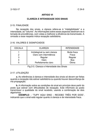 C 24-9 
2-15/2-17 
2-6 
ARTIGO VI 
CLAREZA E INTENSIDADE DOS SINAIS 
2-15. FINALIDADE 
Na recepção dos sinais, a clareza refere-se à “inteligibilidade” e a 
intensidade, ao “volume”. As informações sobre esses aspectos destinam-se à 
tomada de providências, com vistas a melhorar a eficiência da transmissão. A 
omissão a esse respeito indica recepção satisfatória. 
2-16. VALORES E SIGNIFICADOS 
ESCALA CLAREZA INTENSIDADE 
Inintelegível ou sem clareza 
Claro com intermitência 
Regular 
Claro 
Perfeitamente claro 
Fig 2-3. Clareza e Intensidade dos Sinais 
12345 
2-17. UTILIZAÇÃO 
Muita fraca 
Fraca 
Regular 
Boa 
Ótima 
a. As referências à clareza e intensidade dos sinais só devem ser feitas 
quando a recepção não estiver satisfatória ou quando houver desconfiança de 
má propagação. 
b. A informação sobre as condições do sinal em princípio deve partir do 
posto que estiver com dificuldades de recepção. Este informará ao posto 
transmissor a qualidade do sinal recebido, usando a combinação de dois 
algarismos. 
EXEMPLO: - “TUPY AQUI SINO - RECEBO TRÊS POR DOIS”, 
indicando que o sinal está regular quanto à clareza e de intensidade fraca. 
 