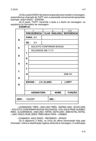 4-7 
4-5 
C 24-9 
(3) Se o posto DADO não estiver preparado para receber a mensagem, 
responderá ao chamado de TUPY com a expressão convencional apropriada. 
Exemplo: AQUI DADO - ESPERE... 
(4) O posto “TUPY” transmite o texto e o fecho da mensagem, na 
seqüência do formulário de mensagem. 
EXEMPLO: 
3 113 
1 
PRECEDÊNCIA CLAS SIGILOSA REFERÊNCIA 
PARA : 
DE : 
T 
E 
X 
T 
O 
S/1 
E/1 
SOLICITO CONFIRMAR BAIXAS 
SOLDADOS QM 11-71 
ZNB HH 
ENVIAR : ( X ) CLARO ( ) CRPT 
ASSINATURA NOME FUNÇÃO 
R 
E 
D 
A 
T 
O 
R 
GDH : 152036P 
QSL : 
- CHAMADOR: TRÊS - UNO UNO TRÊS - SIERRA UNO - ECHO UNO 
- SOLICITO CONFIRMAR BAIXAS SOLDADOS -VOU SOLETRAR QUEBEC 
MIKE - ALGARISMOS - UNO UNO - HÍFEN - SETE UNO - ZNB HOTEL HOTEL 
- UNO CINCO DOIS ZERO TRÊS MEIA PAPA - CÂMBIO 
- CHAMADO: AQUI DADO - RECEBIDO - APAGO 
(5) O algarismo 3 (três), no início da última transmissão feita pelo 
chamador, indica a classificação sigilosa atribuída à mensagem. A codificação 
 