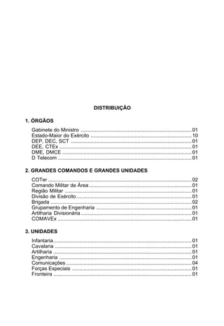 DISTRIBUIÇÃO 
1. ÓRGÃOS 
Gabinete do Ministro ..............................................................................01 
Estado-Maior do Exército .......................................................................10 
DEP, DEC, SCT .....................................................................................01 
DEE, CTEx .............................................................................................01 
DME, DMCE ...........................................................................................01 
D Telecom ..............................................................................................01 
2. GRANDES COMANDOS E GRANDES UNIDADES 
COTer .....................................................................................................02 
Comando Militar de Área ........................................................................01 
Região Militar .........................................................................................01 
Divisão de Exército .................................................................................01 
Brigada ...................................................................................................02 
Grupamento de Engenharia ...................................................................01 
Artilharia Divisionária..............................................................................01 
COMAVEx ..............................................................................................01 
3. UNIDADES 
Infantaria.................................................................................................01 
Cavalaria ................................................................................................01 
Artilharia .................................................................................................01 
Engenharia .............................................................................................01 
Comunicações ........................................................................................04 
Forças Especiais ....................................................................................01 
Fronteira .................................................................................................01 
 