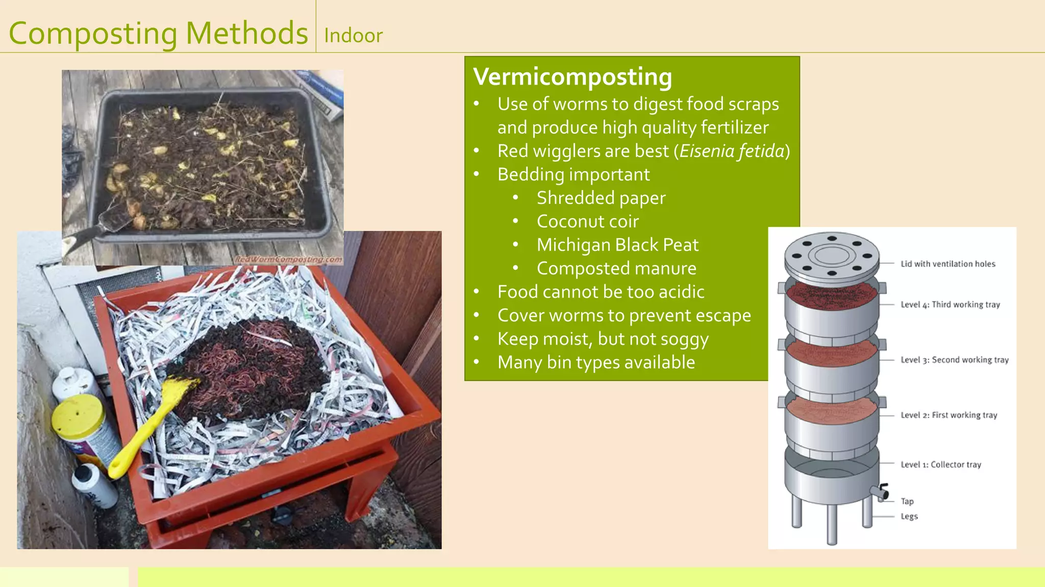 Composting Methods Indoor
Vermicomposting
• Use of worms to digest food scraps
and produce high quality fertilizer
• Red wigglers are best (Eisenia fetida)
• Bedding important
• Shredded paper
• Coconut coir
• Michigan Black Peat
• Composted manure
• Food cannot be too acidic
• Cover worms to prevent escape
• Keep moist, but not soggy
• Many bin types available
 