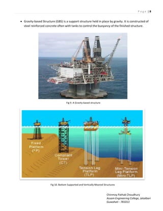 P a g e | 8
Chinmoy Pathak Choudhury
Assam Engineering College, Jalukbari
Guwahati - 781013
 Gravity-based Structure (GBS) is a support structure held in place by gravity. It is constructed of
steel reinforced concrete often with tanks to control the buoyancy of the finished structure.
Fig 9. A Gravity-based structure
Fig 10. Bottom Supported and Vertically Moored Structures
 