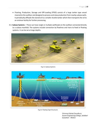 P a g e | 10
Chinmoy Pathak Choudhury
Assam Engineering College, Jalukbari
Guwahati - 781013
 Floating, Production, Storage and Off-Loading (FPSO) consist of a large tanker type vessel
moored to the seafloor and designed to process and stow production from nearby subsea wells.
It periodically offloads the stored oil to a smaller shuttle tanker which then transports the oil to
an onshore facility for further processing.
4.3. Subsea Systems – These can have single or multiple wellheads on the seafloor connected directly
to a subsea manifold. The systems include connection by flowlines and risers to fixed or floating
systems. It can be set at large depths.
Fig 13. Subsea Systems
Fig 14. Floating Type Structures
 