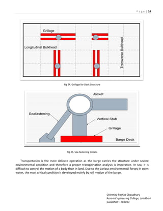 P a g e | 24
Chinmoy Pathak Choudhury
Assam Engineering College, Jalukbari
Guwahati - 781013
Fig 24. Grillage for Deck Structure
Fig 25. Sea-fastening Details
Transportation is the most delicate operation as the barge carries the structure under severe
environmental condition and therefore a proper transportation analysis is imperative. In sea, it is
difficult to control the motion of a body than in land. Due to the various environmental forces in open
water, the most critical condition is developed mainly by roll motion of the barge.
 