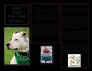 BASIC
CARE
FOR YOUR
PIT-BULL
Types of Food and Food dishes
- Pit-bulls should have stainless steel flat bottom
water and food dishes as many plastic dishes
present possible allergies to the skin.
- Pit-bulls need a high grade of dog food. The
first ingredient should be meat, with crude pro-
tein no less than 30% and crude fat no less than
20%, with fiber content 4% or less.
- It is also good to by dog food that contains
no corn or soy product used. Many top well-
known brands such as Pedigree and Purina use
corn and soy for fillers, as these can promote
skill allergies which cause increased itching in
pit-bulls and skin breakouts. It is good to use
a top quality dog food, such as Diamond, that
says right on the package “contains no corn or
soy products.”
Muzzles, Collars, Leashes, and Tags
.
- Muzzles can be a good product to buy just to
insure safety of others due to reputation of the
pit-bull breed, but most of the time collars are
the best fit for pit-bulls.
- The best collars consist of choker type collars,
as these are best when controlling or training
you dog by allowing them to not pull or drag
you with the lease. Chokers should have no
more than 6 inches in excess length in com-
parison to neck length, so there is only a little
room to spare, but not so much that the collar
slips over the dogs head.
- Making sure you have a sturdy leash that is
strong is very important as pit-bulls are strong
dogs. Leather is best, but a good thick leash
of other material is good as well. Retractable
leads are not recommended due to their ability
to break and wear easily over time.
- It is important to make sure your collar and
leash fit well, and have a proper place to dis-
play and attach all vaccination tags. Making
sure your pit-bull is properly vaccinated, and
displaying the right and current tags is very
important due to the bad reputation of the pit-
bull breed.
 