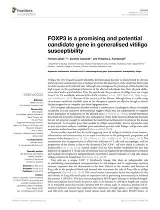 OPINION
published: 22 July 2015
doi: 10.3389/fgene.2015.00249
Frontiers in Genetics | www.frontiersin.org 1 July 2015 | Volume 6 | Article 249
Edited by:
Mitesh Dwivedi,
Uka Tarsadia University, India
Reviewed by:
Silvia Gregori,
San Raffaele Telethon Institute for
Gene Therapy, Italy
Kia Joo Puan,
Singapore Immunology Network,
Agency for Science, Technology and
Research, Singapore
John E. Harris,
University of Massachusetts Medical
School, USA
*Correspondence:
Parveen Jahan,
dr_parveenjahan@yahoo.co.in
Specialty section:
This article was submitted to
Genetic Disorders,
a section of the journal
Frontiers in Genetics
Received: 02 May 2015
Accepted: 09 July 2015
Published: 22 July 2015
Citation:
Jahan P, Tippisetty S and Komaravalli
PL (2015) FOXP3 is a promising and
potential candidate gene in
generalised vitiligo susceptibility.
Front. Genet. 6:249.
doi: 10.3389/fgene.2015.00249
FOXP3 is a promising and potential
candidate gene in generalised vitiligo
susceptibility
Parveen Jahan1, 2
*, Surekha Tippisetty2
and Prasanna L. Komaravalli2
1
Department of Zoology, School of Sciences, Maulana Azad National Urdu University, Hyderabad, India, 2
Department of
Genetics, University College of Sciences, Osmania University, Hyderabad, India
Keywords: autoimmune, forkhead box P3, immunoregulatory gene, polymorphisms, susceptibility, vitiligo
Vitiligo, the very frequent ancient idiopathic dermatological disorder is characterized by chronic
and progressive autoimmune loss of melanocytes from the basal layers of the epidermis that results
in white macules on the aﬀected skin. Although non-contagious, the phenotype of this disorder has
high impact on the psychological behavior of the aﬀected individuals than their physical ability;
more often lead to social isolation. Over the past decade, the prevalence of vitiligo is on rise, ranges
from 0.5 to 2% worldwide, whereas 0.09 to 8.0% in India (Lu et al., 2007; Shah et al., 2008; Krüger
and Schallreuter, 2012). Because of the intricacy of the disease, although there is a wide range
of treatment modalities available, none of the therapeutic options are eﬀective enough to thwart
further progression or complete cure from depigmentation.
This complex inﬂammatory disorder involves a combination of pathogenic eﬀects of multiple
susceptible loci and unknown environmental triggers which may act independently or together
in the destruction of melanocytes of the aﬀected area (Le Poole et al., 1993a). Several hypotheses
have been put forward to explain the etio-pathogenesis of this multi-factorial disﬁguring disorder,
but are not concrete enough to substantiate the underlying mechanism(s) involved in the disease
development. To recognize genes that mediate in vitiligo susceptibility, diverse approaches such
as gene expression analyses, candidate gene association, genome-wide linkage, and genome wide
association studies have been exploited (Allam and Riad, 2013).
Various studies reported that the initial triggering event of vitiligo is oxidative stress; however,
inﬂammation and autoimmunity act as major contributors in the pathogenesis, progression and
severity of the disease (Jain et al., 2011; Deo et al., 2013; Laddha et al., 2013; Spritz, 2013). The
autoimmune loss of pigmentation is allied with inﬁltrates of T cells and macrophages, and the
progression of the disease is due to the decreased CD4+/CD8+ cell ratio which is cytotoxic to
melanocytes (Lili et al., 2012). Animal studies (h3TA2) have further established the fact that
depletion of regulatory T (Treg) cells in knockout mice up regulate the proinﬂammatory cytokines
and mediate the progressive depigmentation; nevertheless adoptive transfer of Treg cells induce
vitiligo remission in treated mice (Chatterjee et al., 2014).
Treg cells are a unique CD4+ T lymphocyte lineage that plays an indispensable role
in maintaining immunological unresponsiveness to self-antigens and in suppressing excessive
immune responses that are detrimental to the host. Defects in the number and function of
Treg cells in the peripheral blood and lesional skin accentuate the role of Treg cells in vitiligo
pathogenesis (Dwivedi et al., 2015). The crucial master transcription factor that regulates the fate
and identity of Treg cells which play an imperative role in preventing autoimmunity is forkhead
box protein 3 (FOXP3). This key immunoregulatory FOXP3 gene belongs to forkhead/winged-
helix transcription factor family, located at Xp11.23 in humans is 1296 bp in length and consists
of 11 translated exons that encode a protein with 431 amino-acids. It contains a proline rich N-
terminal repressor domain that suppresses the expression of target genes, a zinc-ﬁnger (amino
acid 200–223), and leucine-zipper motif (amino acids 240–261) that allow FOXP3 homo- or
 