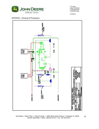 3 Chrysler
Irvine, CA 92618
T 925-609-2180
F 949-455-7492
12/7/2010
John Deere – Green Tech  Steve Fournier  6055 Clark Center Avenue  Sarasota, FL 34238
Cell 941-650-4049  Office: 800-427-0779  Fax: 941-426-3775
18
APPENDIX – Drawings & Photographs
 