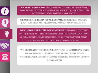 GRAPHIC DESIGN FOR : PROMOTIONAL MATERIALS (AGENDAS,
BROCHURES, POSTERS, BANNERS, MASHES, ETC) ; PERSONALIZED
INVITATIONS BOTH DIGITAL AND PRINTED.
WE OFFER ALL TECHNIQUAL EQUIPMENTS NEEDED: SOUNDS,
LIGHTS, SCENES AND PLATFORMS, PROJECTION SYSTEMS, ETC
WE CHOOSE THE RIGHT LOCATIONS DEPENDING ON THE TYPE
OF THE EVENT AND THE NUMBER OF GUESTS : INDOOR LOCATIONS
(RESTAURANTS, CONFERENCE HALLS); OUTDOOR (EVENT TENTS
PLACED IN SPECIAL LOCATIONS, LUXURY YACHTS)
WE DECORATE THE CHOSEN LOCATIONS IN SURPRISING WAYS
WE FOLLOW AND HIGHLIGHT THE THEME OF THE EVENT
WE USE FLOWER SETUPS, THEMATIC OBJECTS, RUSTIC OR LUXURY
DECORATIONS
 
