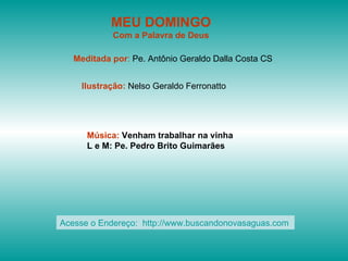 MEU DOMINGO Com a Palavra de Deus Meditada por :  Pe. Antônio Geraldo Dalla Costa CS Ilustração:  Nelso Geraldo Ferronatto Música:  Venham trabalhar na vinha L e M: Pe. Pedro Brito Guimarães   Acesse o Endereço:  http://www.buscandonovasaguas.com  