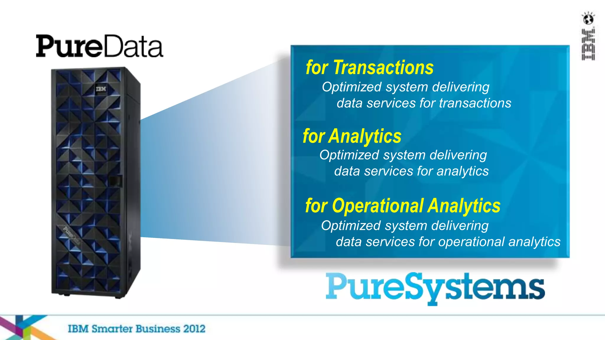 for Transactions
  Optimized system delivering
    data services for transactions

for Analytics
  Optimized system delivering
    data services for analytics

for Operational Analytics
  Optimized system delivering
    data services for operational analytics
 