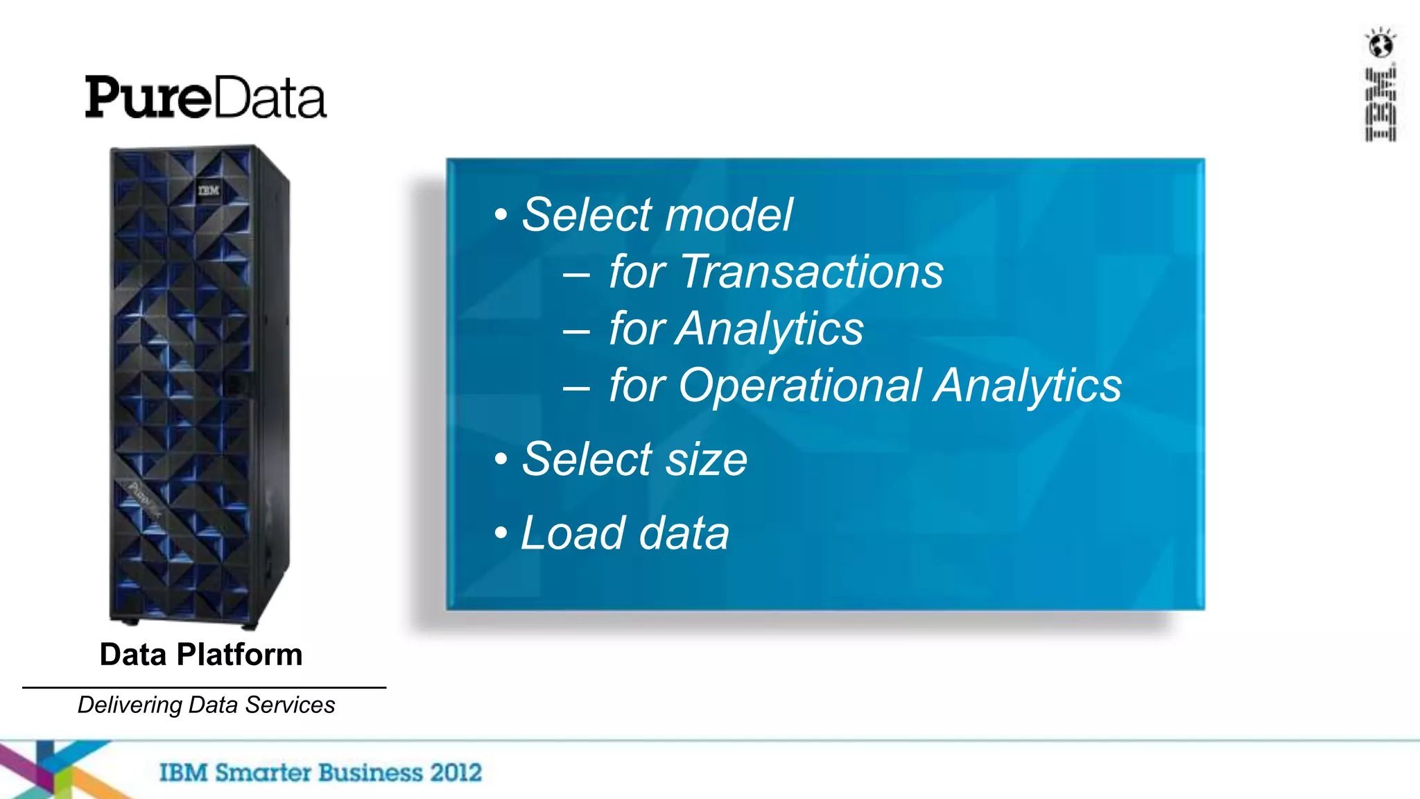 • Select model
                              – for Transactions
                              – for Analytics
                              – for Operational Analytics
                           • Select size
                           • Load data

  Data Platform
Delivering Data Services
 