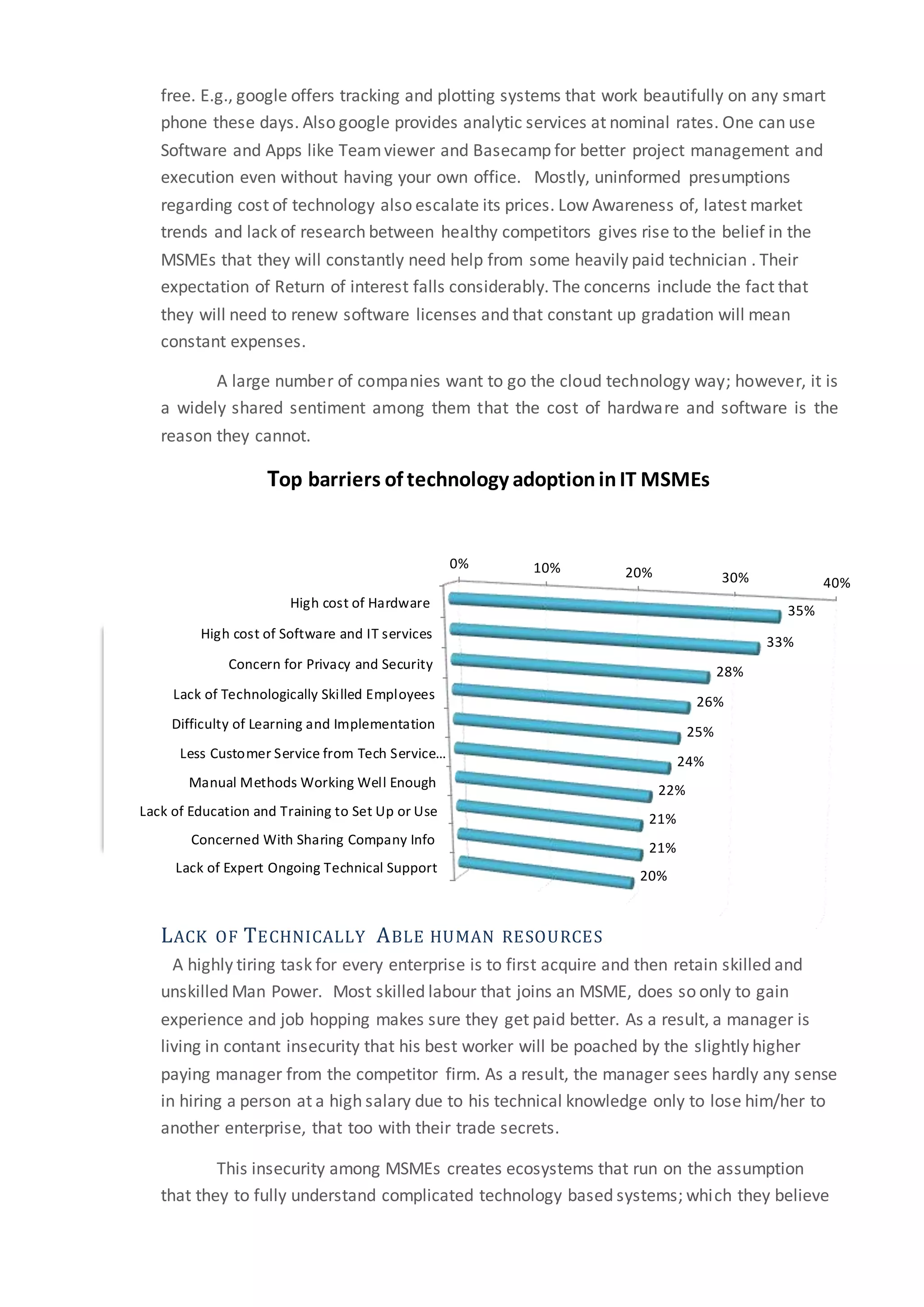 0% 10% 20% 30% 40%
High cost of Hardware
High cost of Software and IT services
Concern for Privacy and Security
Lack of Technologically Skilled Employees
Difficulty of Learning and Implementation
Less Customer Service from Tech Service…
Manual Methods Working Well Enough
Lack of Education and Training to Set Up or Use
Concerned With Sharing Company Info
Lack of Expert Ongoing Technical Support
35%
33%
28%
26%
25%
24%
22%
21%
21%
20%
Top barriers of technology adoptioninIT MSMEs
free. E.g., google offers tracking and plotting systems that work beautifully on any smart
phone these days. Also google provides analytic services at nominal rates. One can use
Software and Apps like Teamviewer and Basecamp for better project management and
execution even without having your own office. Mostly, uninformed presumptions
regarding cost of technology also escalate its prices. Low Awareness of, latest market
trends and lack of research between healthy competitors gives rise to the belief in the
MSMEs that they will constantly need help from some heavily paid technician . Their
expectation of Return of interest falls considerably. The concerns include the fact that
they will need to renew software licenses and that constant up gradation will mean
constant expenses.
A large number of companies want to go the cloud technology way; however, it is
a widely shared sentiment among them that the cost of hardware and software is the
reason they cannot.
LACK OF TECHNICALLY ABLE HUMAN RESOURCES
A highly tiring task for every enterprise is to first acquire and then retain skilled and
unskilled Man Power. Most skilled labour that joins an MSME, does so only to gain
experience and job hopping makes sure they get paid better. As a result, a manager is
living in contant insecurity that his best worker will be poached by the slightly higher
paying manager from the competitor firm. As a result, the manager sees hardly any sense
in hiring a person at a high salary due to his technical knowledge only to lose him/her to
another enterprise, that too with their trade secrets.
This insecurity among MSMEs creates ecosystems that run on the assumption
that they to fully understand complicated technology based systems; which they believe
 
