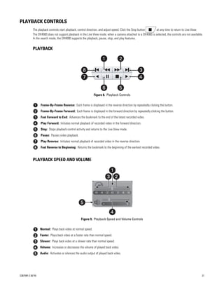 PLAYBACK CONTROLS
           The playback controls start playback, control direction, and adjust speed. Click the Stop button   at any time to return to Live View.
           The DX4000 does not support playback in the Live View mode; when a camera attached to a DX4000 is selected, the controls are not available.
           In the search mode, the DX4000 supports the playback, pause, stop, and play features.


           PLAYBACK

                                                                    ᕡ             ᕢ
                                                    ᕨ                                             ᕣ
                                                    ᕧ                                             ᕤ
                                                                    ᕦ             ᕥ
                                                              Figure 8. Playback Controls


                  Frame-By-Frame Reverse: Each frame is displayed in the reverse direction by repeatedly clicking the button.
                  Frame-By-Frame Forward: Each frame is displayed in the forward direction by repeatedly clicking the button.
                  Fast Forward to End: Advances the bookmark to the end of the latest recorded video.
                  Play Forward: Initiates normal playback of recorded video in the forward direction.
                  Stop: Stops playback control activity and returns to the Live View mode.
                  Pause: Pauses video playback.
                  Play Reverse: Initiates normal playback of recorded video in the reverse direction.
                  Fast Reverse to Beginning: Returns the bookmark to the beginning of the earliest recorded video.


           PLAYBACK SPEED AND VOLUME

                                                                        ᕡ
                                                                        ᕣᕢ


                                                  ᕥ
                                                                           ᕤ
                                                    Figure 9. Playback Speed and Volume Controls


                  Normal: Plays back video at normal speed.
                  Faster: Plays back video at a faster rate than normal speed.
                  Slower: Plays back video at a slower rate than normal speed.
                  Volume: Increases or decreases the volume of played back video.
                  Audio: Activates or silences the audio output of played back video.




C2675M-C (8/10)                                                                                                                                      21
 