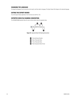 CHANGING THE LANGUAGE
     To change the language, from the menu bar, click Lang (L), and then select a language. The Export Viewer GUI changes to the selected language.


     EXITING THE EXPORT VIEWER
     To exit the Export Viewer application, from the menu bar, click File > Exit.


     EXPORTED VIDEO FILE NAMING CONVENTION
     The DX4500/DX4600 exported video file name contains details about the exported video.




                                             Figure 19. Exported Video File Naming Convention



                                                           Channel/Camera Number
                                                           Date of Recorded Video
                                                           Time of Recorded Video
                                                           Pelco-Engineered Video Format




28                                                                                                                                   C2675M-C (8/10)
 