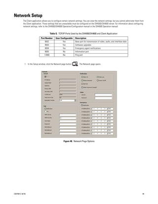 Network Setup
           The Client application allows you to configure certain network settings. You can view the network settings, but you cannot administer them from
           the Client application. Those settings that are unavailable must be configured on the DX4500/DX4600 server. For information about configuring
           network settings, refer to the DX4500/DX4600 Operation/Configuration manual or the DX4000 Operation manual.


                                          Table G. TCP/IP Ports Used by the DX4500/DX4600 and Client Application

                                Port Number      User Configurable      Description
                                    9002                Yes             Base port for transmission of video, audio, and interface data
                                    9003                Yes             Software upgrades
                                    9004                Yes             Emergency agent notifications
                                    9005                No              Information port
                                   13900                No              Ping port


             1. In the Setup window, click the Network page button          . The Network page opens.




                                                          Figure 40. Network Page Options




C2675M-C (8/10)                                                                                                                                         49
 