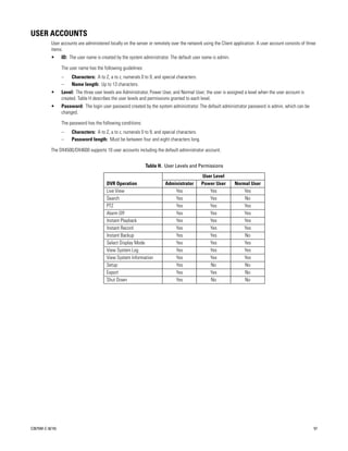 USER ACCOUNTS
           User accounts are administered locally on the server or remotely over the network using the Client application. A user account consists of three
           items:
           •      ID: The user name is created by the system administrator. The default user name is admin.

                  The user name has the following guidelines:
                  –    Characters: A to Z, a to z, numerals 0 to 9, and special characters.
                  –    Name length: Up to 13 characters.
           •      Level: The three user levels are Administrator, Power User, and Normal User; the user is assigned a level when the user account is
                  created. Table H describes the user levels and permissions granted to each level.
           •      Password: The login user password created by the system administrator. The default administrator password is admin, which can be
                  changed.

                  The password has the following conditions:
                  –    Characters: A to Z, a to z, numerals 0 to 9, and special characters.
                  –    Password length: Must be between four and eight characters long.

           The DX4500/DX4600 supports 10 user accounts including the default administrator account.


                                                                Table H. User Levels and Permissions

                                                                                              User Level
                                          DVR Operation                  Administrator        Power User      Normal User
                                          Live View                          Yes                 Yes              Yes
                                          Search                             Yes                 Yes              No
                                          PTZ                                Yes                 Yes              Yes
                                          Alarm Off                          Yes                 Yes              Yes
                                          Instant Playback                   Yes                 Yes              Yes
                                          Instant Record                     Yes                 Yes              Yes
                                          Instant Backup                     Yes                 Yes              No
                                          Select Display Mode                Yes                 Yes              Yes
                                          View System Log                    Yes                 Yes              Yes
                                          View System Information            Yes                 Yes              Yes
                                          Setup                              Yes                 No               No
                                          Export                             Yes                 Yes              No
                                          Shut Down                          Yes                 No               No




C2675M-C (8/10)                                                                                                                                          57
 