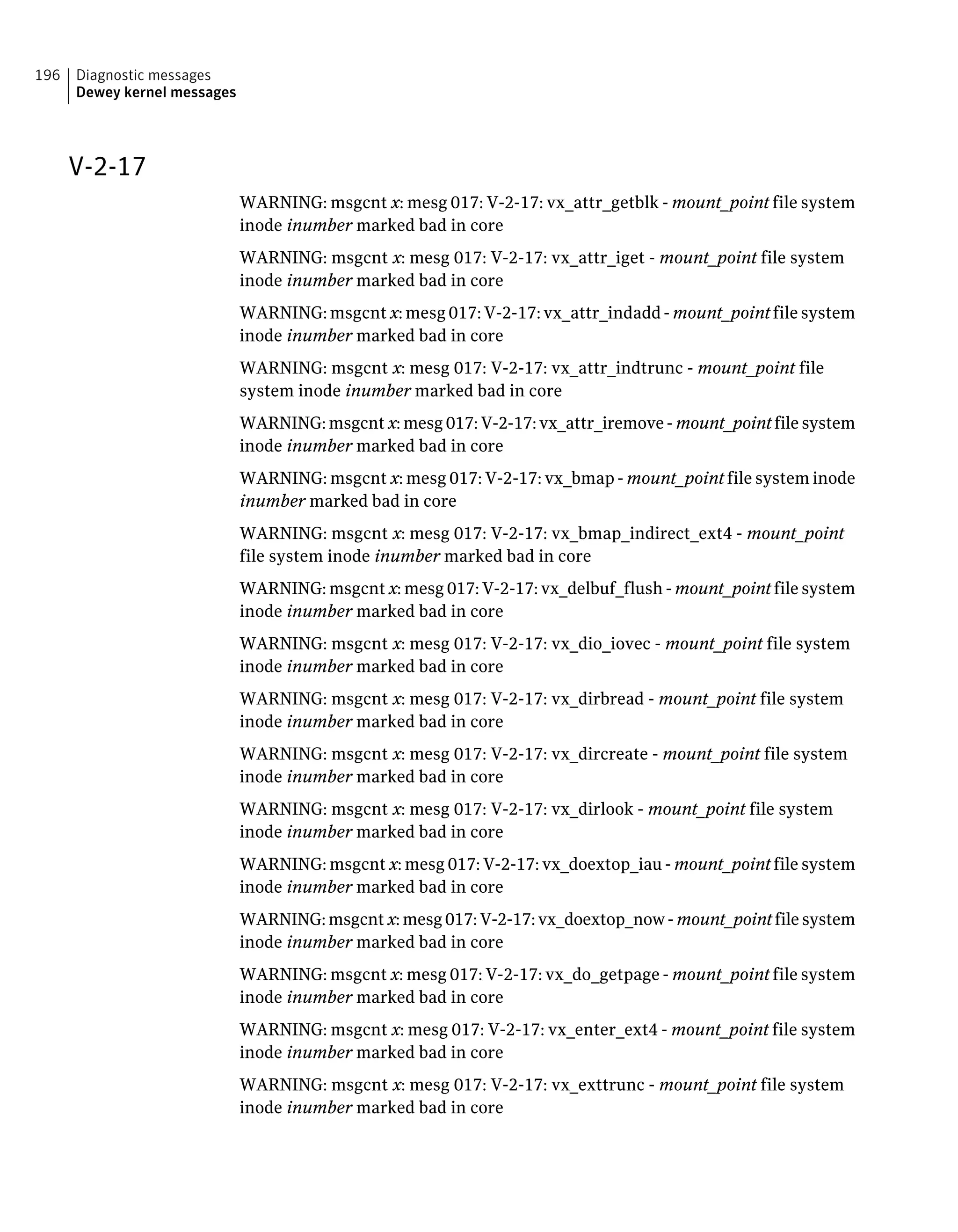 V-2-17
WARNING: msgcnt x: mesg 017: V-2-17: vx_attr_getblk - mount_point file system
inode inumber marked bad in core
WARNING: msgcnt x: mesg 017: V-2-17: vx_attr_iget - mount_point file system
inode inumber marked bad in core
WARNING: msgcnt x: mesg 017: V-2-17: vx_attr_indadd - mount_point file system
inode inumber marked bad in core
WARNING: msgcnt x: mesg 017: V-2-17: vx_attr_indtrunc - mount_point file
system inode inumber marked bad in core
WARNING: msgcnt x: mesg 017: V-2-17: vx_attr_iremove - mount_point file system
inode inumber marked bad in core
WARNING: msgcnt x: mesg 017: V-2-17: vx_bmap - mount_point file system inode
inumber marked bad in core
WARNING: msgcnt x: mesg 017: V-2-17: vx_bmap_indirect_ext4 - mount_point
file system inode inumber marked bad in core
WARNING: msgcnt x: mesg 017: V-2-17: vx_delbuf_flush - mount_point file system
inode inumber marked bad in core
WARNING: msgcnt x: mesg 017: V-2-17: vx_dio_iovec - mount_point file system
inode inumber marked bad in core
WARNING: msgcnt x: mesg 017: V-2-17: vx_dirbread - mount_point file system
inode inumber marked bad in core
WARNING: msgcnt x: mesg 017: V-2-17: vx_dircreate - mount_point file system
inode inumber marked bad in core
WARNING: msgcnt x: mesg 017: V-2-17: vx_dirlook - mount_point file system
inode inumber marked bad in core
WARNING: msgcnt x: mesg 017: V-2-17: vx_doextop_iau - mount_point file system
inode inumber marked bad in core
WARNING: msgcnt x: mesg 017: V-2-17: vx_doextop_now - mount_point file system
inode inumber marked bad in core
WARNING: msgcnt x: mesg 017: V-2-17: vx_do_getpage - mount_point file system
inode inumber marked bad in core
WARNING: msgcnt x: mesg 017: V-2-17: vx_enter_ext4 - mount_point file system
inode inumber marked bad in core
WARNING: msgcnt x: mesg 017: V-2-17: vx_exttrunc - mount_point file system
inode inumber marked bad in core
Diagnostic messages
Dewey kernel messages
196
 