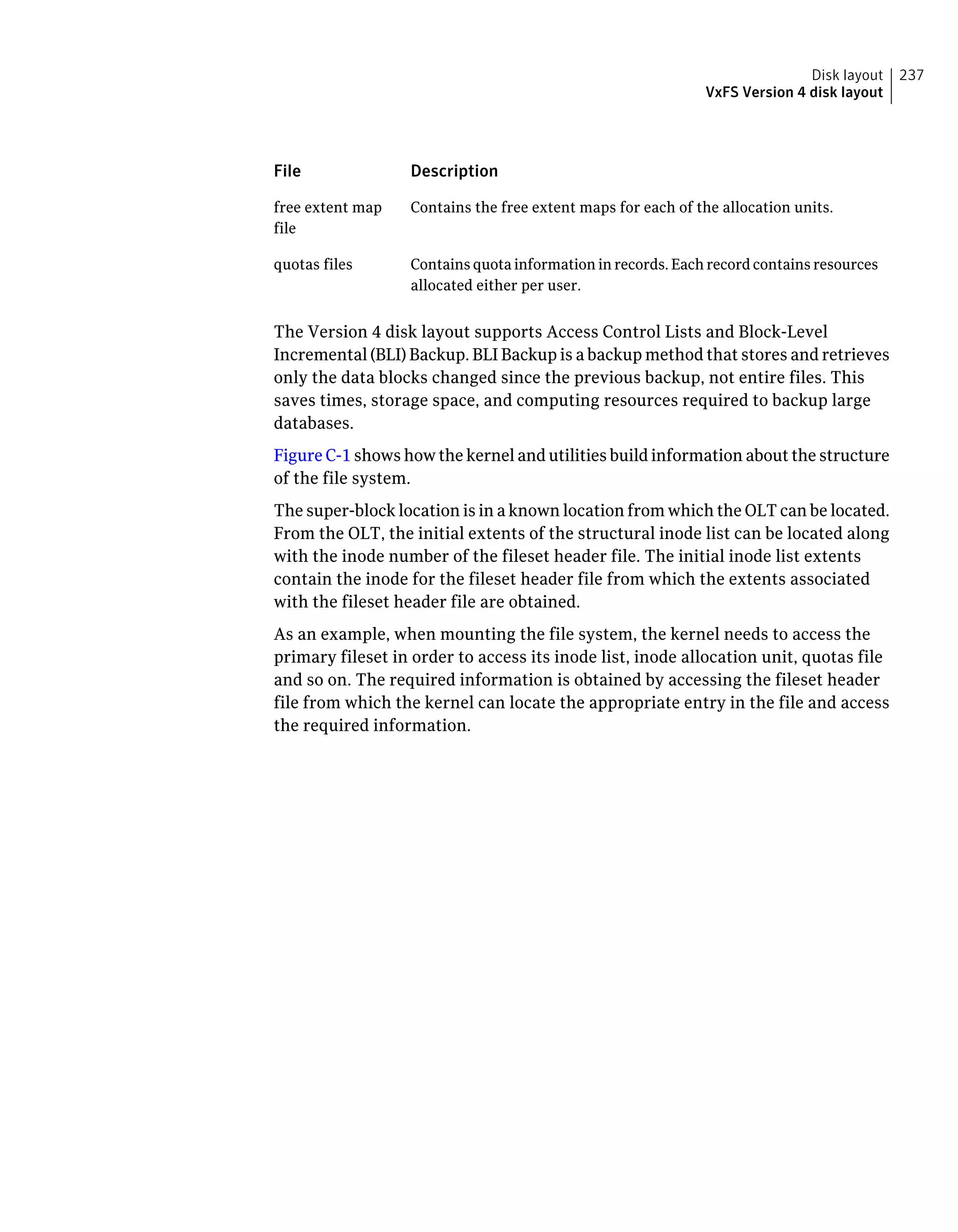 DescriptionFile
Contains the free extent maps for each of the allocation units.free extent map
file
Contains quota information in records. Each record contains resources
allocated either per user.
quotas files
The Version 4 disk layout supports Access Control Lists and Block-Level
Incremental (BLI) Backup. BLI Backup is a backup method that stores and retrieves
only the data blocks changed since the previous backup, not entire files. This
saves times, storage space, and computing resources required to backup large
databases.
Figure C-1 shows how the kernel and utilities build information about the structure
of the file system.
The super-block location is in a known location from which the OLT can be located.
From the OLT, the initial extents of the structural inode list can be located along
with the inode number of the fileset header file. The initial inode list extents
contain the inode for the fileset header file from which the extents associated
with the fileset header file are obtained.
As an example, when mounting the file system, the kernel needs to access the
primary fileset in order to access its inode list, inode allocation unit, quotas file
and so on. The required information is obtained by accessing the fileset header
file from which the kernel can locate the appropriate entry in the file and access
the required information.
237Disk layout
VxFS Version 4 disk layout
 