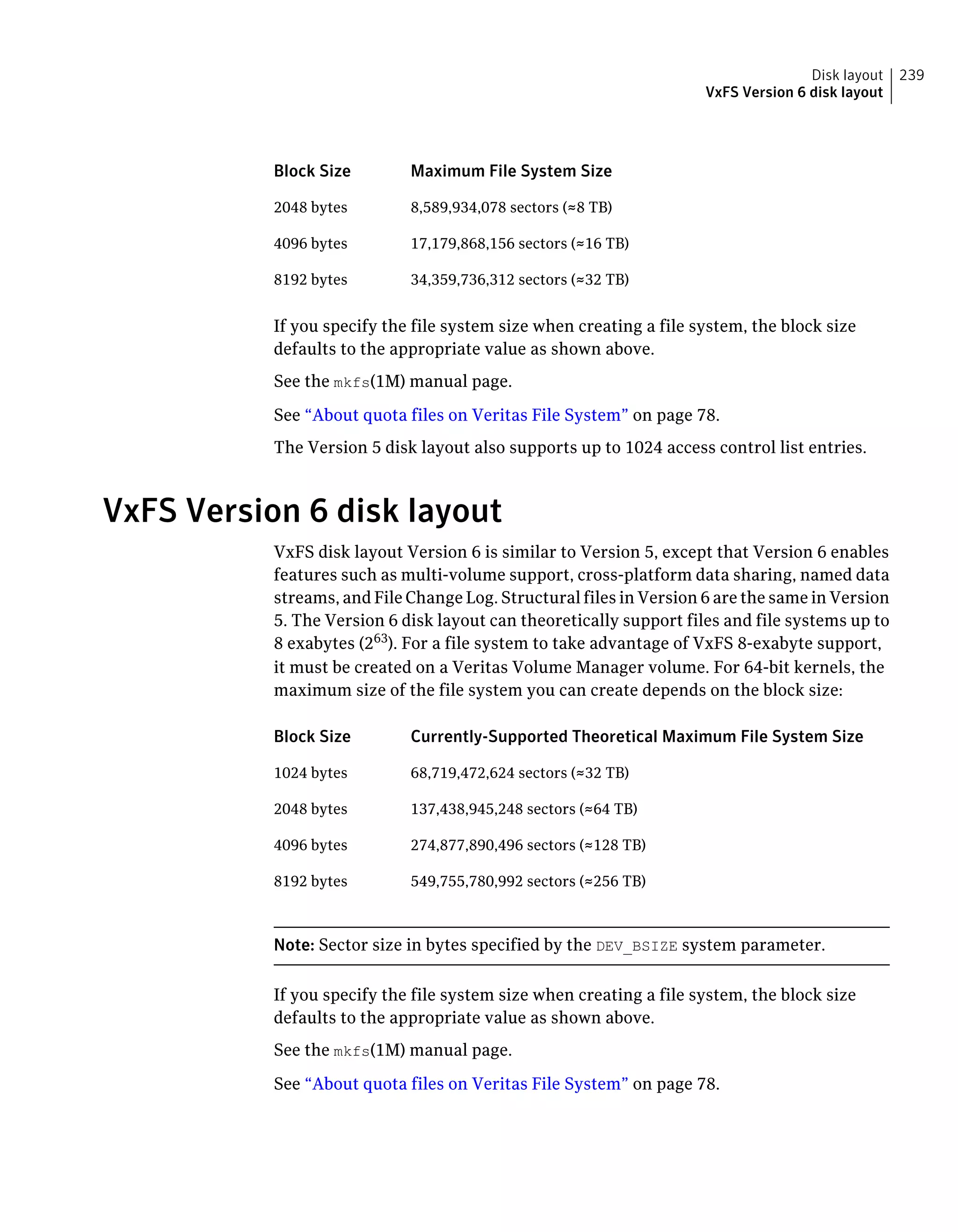 Maximum File System SizeBlock Size
8,589,934,078 sectors (≈8 TB)2048 bytes
17,179,868,156 sectors (≈16 TB)4096 bytes
34,359,736,312 sectors (≈32 TB)8192 bytes
If you specify the file system size when creating a file system, the block size
defaults to the appropriate value as shown above.
See the mkfs(1M) manual page.
See “About quota files on Veritas File System” on page 78.
The Version 5 disk layout also supports up to 1024 access control list entries.
VxFS Version 6 disk layout
VxFS disk layout Version 6 is similar to Version 5, except that Version 6 enables
features such as multi-volume support, cross-platform data sharing, named data
streams, and File Change Log. Structural files in Version 6 are the same in Version
5. The Version 6 disk layout can theoretically support files and file systems up to
8 exabytes (263
). For a file system to take advantage of VxFS 8-exabyte support,
it must be created on a Veritas Volume Manager volume. For 64-bit kernels, the
maximum size of the file system you can create depends on the block size:
Currently-Supported Theoretical Maximum File System SizeBlock Size
68,719,472,624 sectors (≈32 TB)1024 bytes
137,438,945,248 sectors (≈64 TB)2048 bytes
274,877,890,496 sectors (≈128 TB)4096 bytes
549,755,780,992 sectors (≈256 TB)8192 bytes
Note: Sector size in bytes specified by the DEV_BSIZE system parameter.
If you specify the file system size when creating a file system, the block size
defaults to the appropriate value as shown above.
See the mkfs(1M) manual page.
See “About quota files on Veritas File System” on page 78.
239Disk layout
VxFS Version 6 disk layout
 