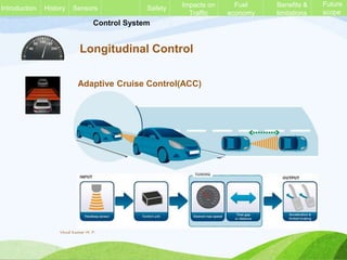 Control System
Longitudinal Control
Adaptive Cruise Control(ACC)
History Sensors Safety Impacts on
Traffic
Fuel
economy
Benefits &
limitations
Future
scope
Introduction
Vinod Kumar M. P.
 
