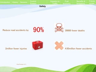 Safety
90% 30000 fewer deaths
4.95million fewer accidents2million fewer injuries
Reduce road accidents by
History Sensors Control
System
Impacts on
Traffic
Fuel
economy
Benefits &
limitations
Future
scope
Introduction
Vinod Kumar M. P.
 