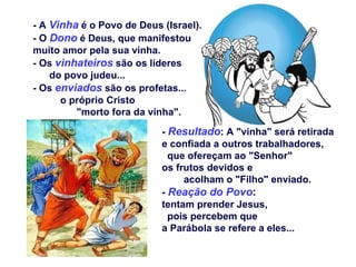 - A  Vinha  é o Povo de Deus (Israel). - O  Dono  é Deus, que manifestou muito amor pela sua vinha.  - Os  vinhateiros  são os líderes  do povo judeu... - Os  enviados  são os profetas...  o próprio Cristo  "morto fora da vinha". -  Resultado : A "vinha" será retirada e confiada a outros trabalhadores,  que ofereçam ao "Senhor"  os frutos devidos e  acolham o "Filho" enviado. -  Reação do Povo :   tentam prender Jesus,  pois percebem que  a Parábola se refere a eles... 