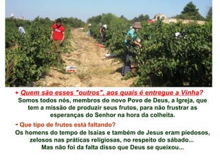 +   Quem são esses "outros", aos quais é entregue a Vinha ?   Somos todos nós, membros do novo Povo de Deus, a Igreja, que tem a missão de produzir seus frutos, para não frustrar as esperanças do Senhor na hora da colheita. -  Que tipo de frutos está faltando? Os homens do tempo de Isaías e também de Jesus eram piedosos, zelosos nas práticas religiosas, no respeito do sábado...  Mas não foi da falta disso que Deus se queixou... 