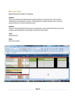 Page 21
Microsoft Excel
Departmental Project Tracking
Problem:
There are usually several departmental projects going on at any given time, with multiple
stakeholders and developers involved. The department manager needed a way to view the
project activity in an easy to interpret format.
Solution:
Create an Excel spreadsheet that shows time progression, with project information for several
projects, with stakeholder and developer involvement information.
Tools:
Microsoft Excel
Roles:
Document creator
 