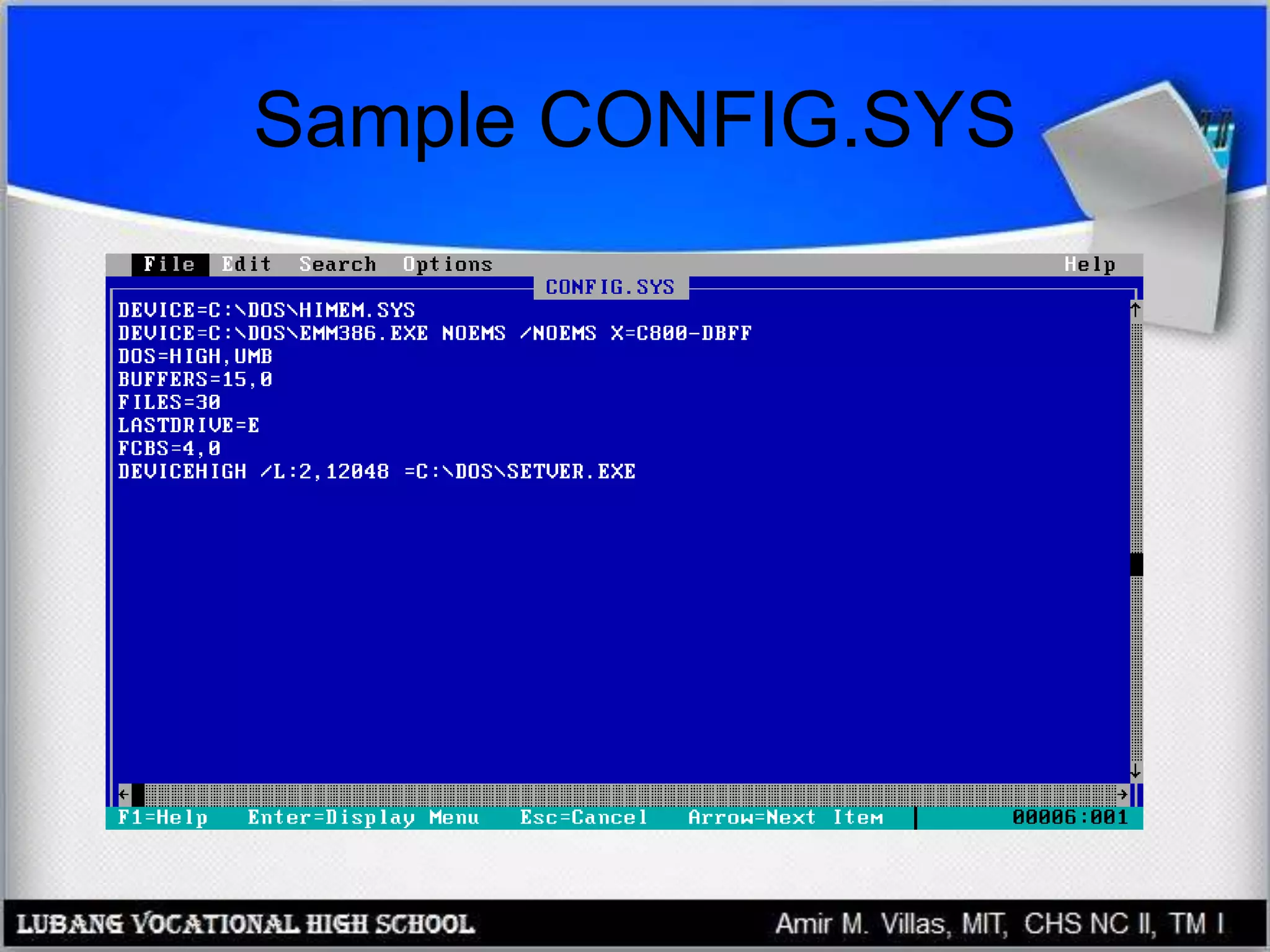 Sample CONFIG.SYS
 