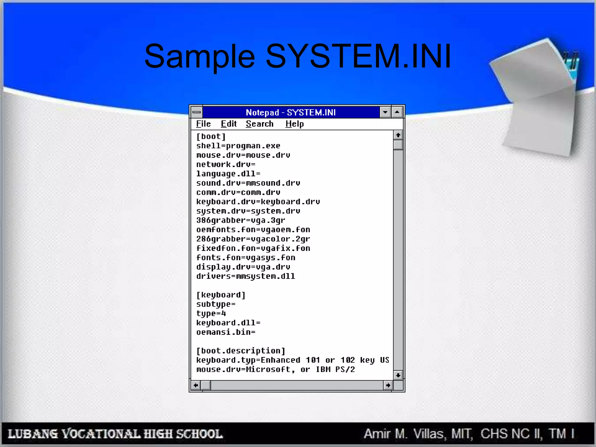 Sample SYSTEM.INI
 